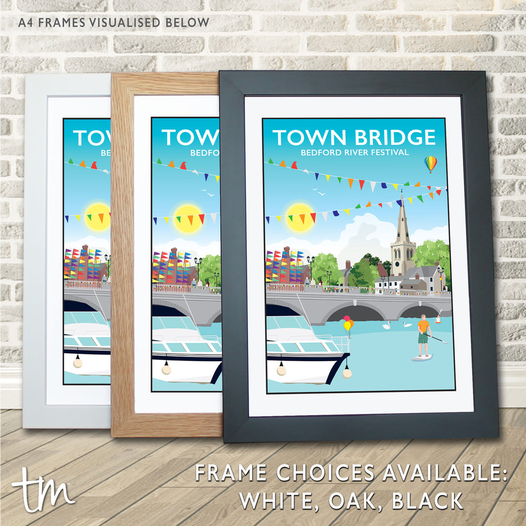 two framed pictures of a town bridge and a river