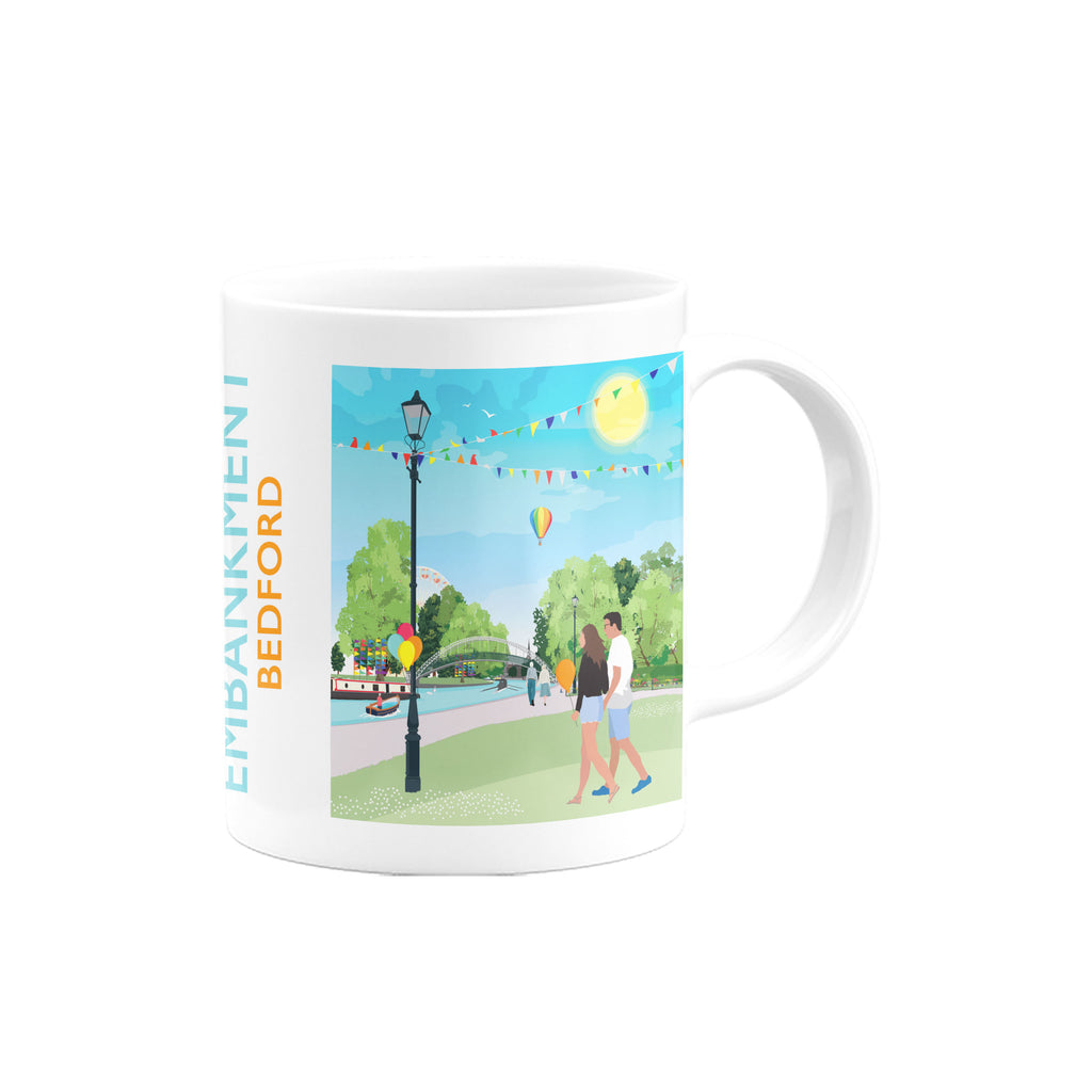 a white coffee mug with a picture of a couple walking down the street