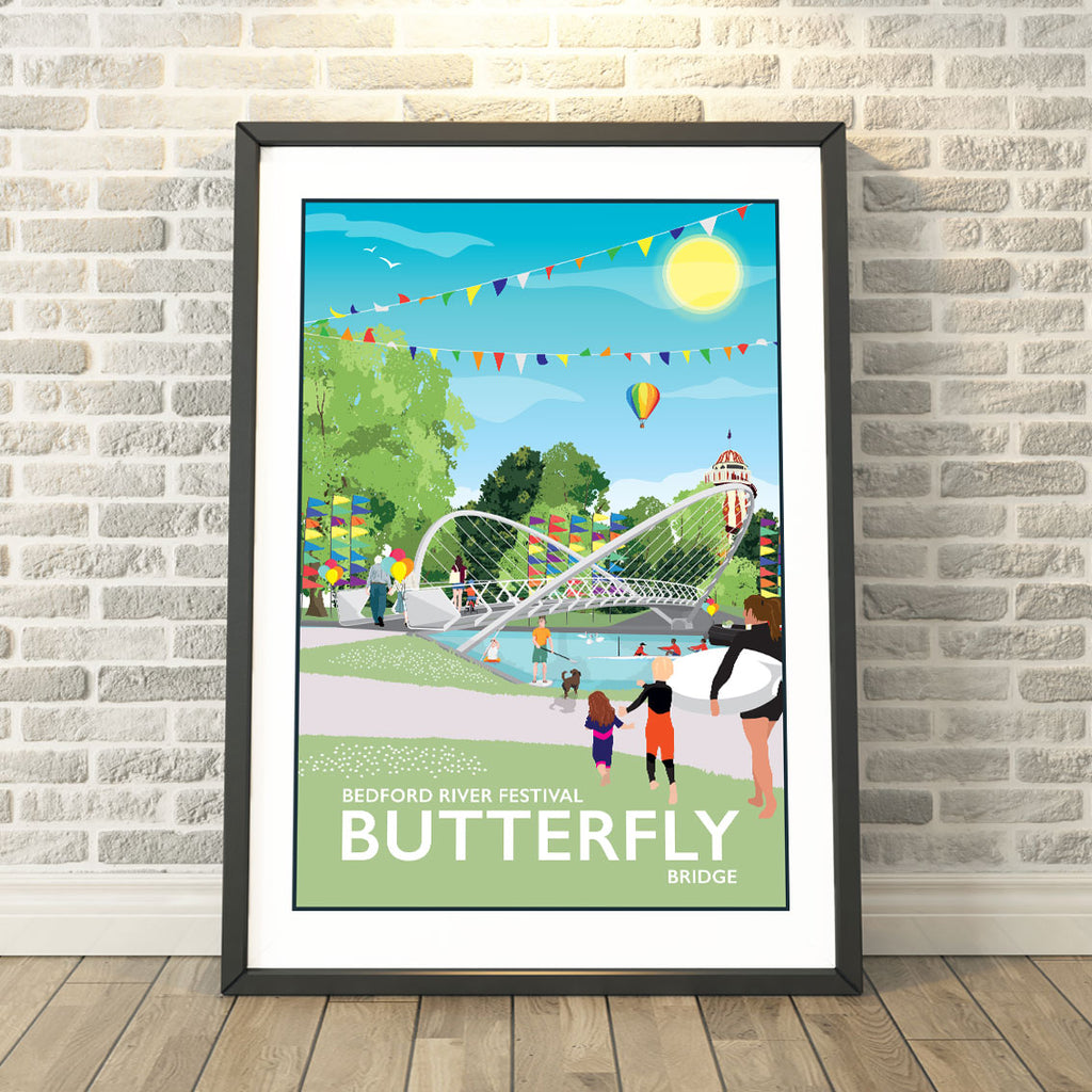 a framed poster of a butterfly bridge